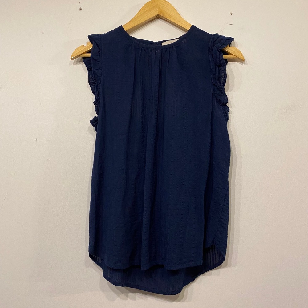 LOFT Navy Blue Ruffle Sleeve Seersucker Open Back Dobby Cotton Blouse XS